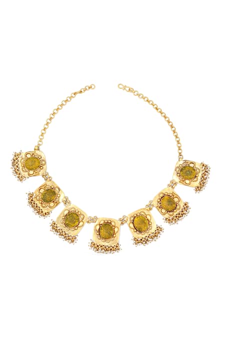 Shop_Sangeeta Boochra_Gold Plated Carved Stone Embellished Necklace _at_Aza_Fashions