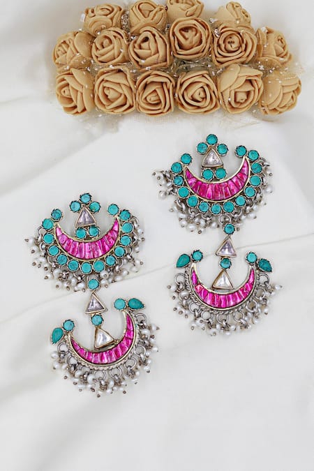 Shop_Sangeeta Boochra_Silver Plated Pearls, Beads, Stones Embellished Layered Chandbalis _at_Aza_Fashions