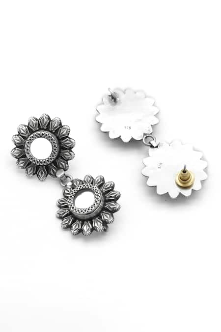Shop_Sangeeta Boochra_Silver Plated Mirrors, Cut Work Embellished Floral Earrings _at_Aza_Fashions