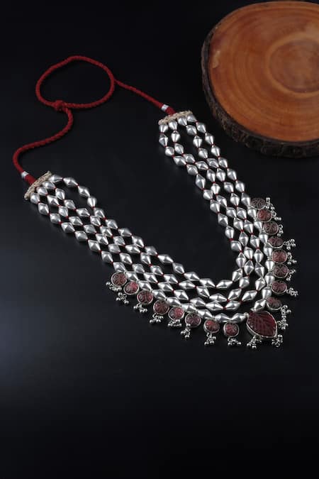 Shop_Sangeeta Boochra_Silver Plated Handmade Tumble Layered Necklace _at_Aza_Fashions