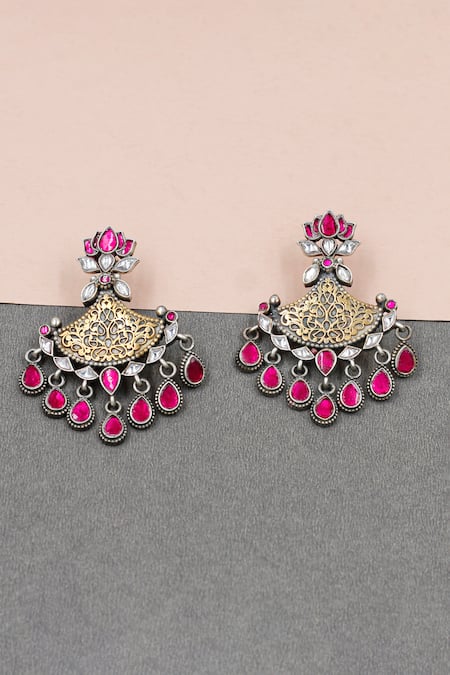 Shop_Sangeeta Boochra_Gold Plated Stones, Cut Work Lotus Embellished Carved Earrings _at_Aza_Fashions