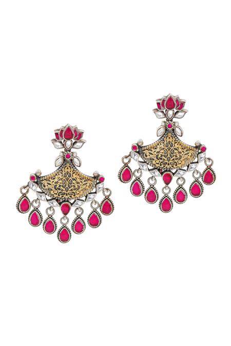 Sangeeta Boochra_Gold Plated Stones, Cut Work Lotus Embellished Carved Earrings _at_Aza_Fashions