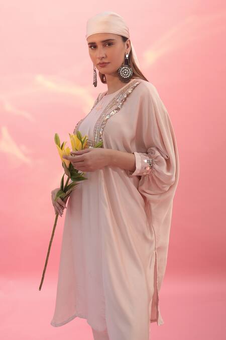 Shop_Prahnaaya_Pink Satin Lace, Sequins Round Neck Saba Embroidered Kurta With Pant _Online_at_Aza_Fashions