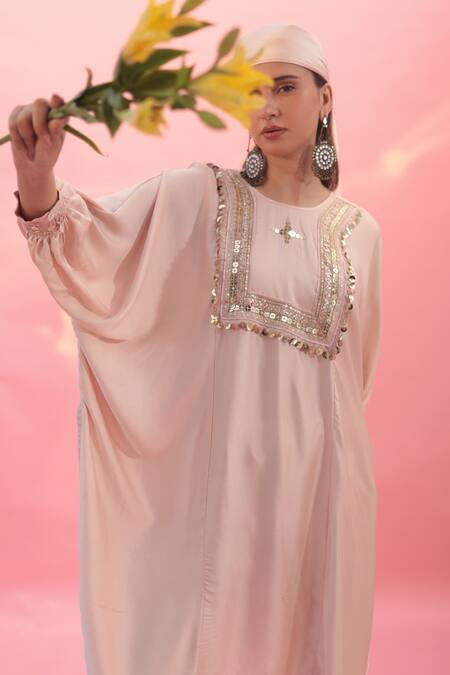 Prahnaaya_Pink Satin Lace, Sequins Round Neck Saba Embroidered Kurta With Pant _at_Aza_Fashions