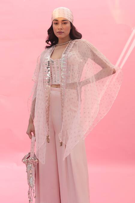 Prahnaaya Pink Satin Sequins, Lace Plunge Yami Embroidered Boxy Flared Pant Set With Cape Online at Aza Fashions Prahnaaya_Pink Satin Sequins, Lace Plunge Yami Embroidered Boxy Flared Pant Set With Cape _Online_at_Aza_Fashions