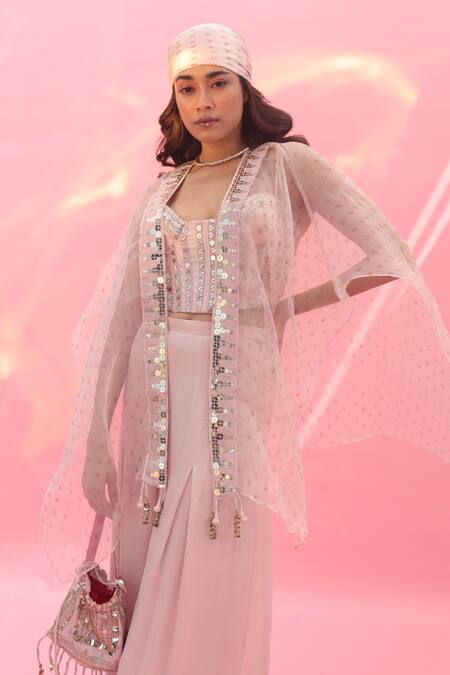 Buy Prahnaaya Pink Satin Sequins, Lace Plunge Yami Embroidered Boxy Flared Pant Set With Cape Online at Aza Fashions Buy_Prahnaaya_Pink Satin Sequins, Lace Plunge Yami Embroidered Boxy Flared Pant Set With Cape _Online_at_Aza_Fashions