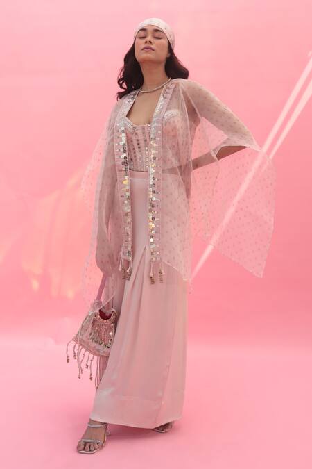 Shop Prahnaaya Pink Satin Sequins, Lace Plunge Yami Embroidered Boxy Flared Pant Set With Cape Online at Aza Fashions Shop_Prahnaaya_Pink Satin Sequins, Lace Plunge Yami Embroidered Boxy Flared Pant Set With Cape _Online_at_Aza_Fashions