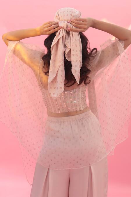 Prahnaaya Pink Satin Sequins, Lace Plunge Yami Embroidered Boxy Flared Pant Set With Cape at Aza Fashions Prahnaaya_Pink Satin Sequins, Lace Plunge Yami Embroidered Boxy Flared Pant Set With Cape _at_Aza_Fashions