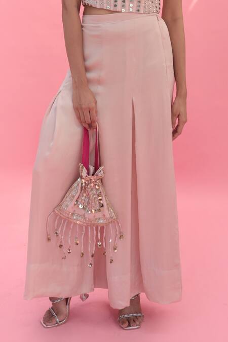 Buy Prahnaaya Pink Satin Sequins, Lace Plunge Yami Embroidered Boxy Flared Pant Set With Cape Buy_Prahnaaya_Pink Satin Sequins, Lace Plunge Yami Embroidered Boxy Flared Pant Set With Cape