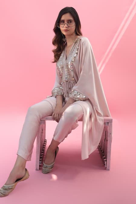 Prahnaaya_Pink Satin Sequins V-neck Mish Embroidered Kaftan With Pant _Online_at_Aza_Fashions