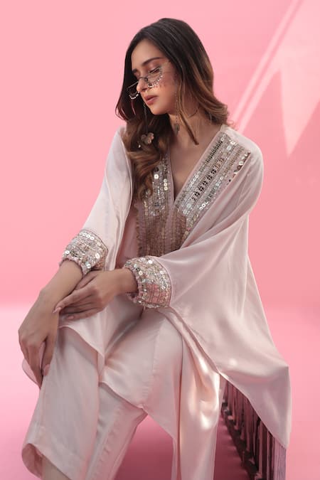 Buy_Prahnaaya_Pink Satin Sequins V-neck Mish Embroidered Kaftan With Pant _Online_at_Aza_Fashions