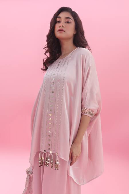 Prahnaaya Pink Satin Sequins Round Neck Masbah Embroidered Tunic With Flared Pant Online at Aza Fashions Prahnaaya_Pink Satin Sequins Round Neck Masbah Embroidered Tunic With Flared Pant _Online_at_Aza_Fashions