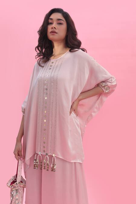 Shop Prahnaaya Pink Satin Sequins Round Neck Masbah Embroidered Tunic With Flared Pant Online at Aza Fashions Shop_Prahnaaya_Pink Satin Sequins Round Neck Masbah Embroidered Tunic With Flared Pant _Online_at_Aza_Fashions