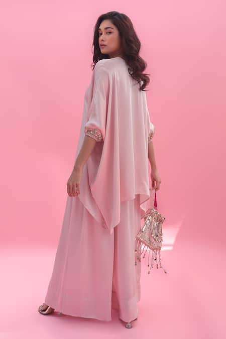 Shop Prahnaaya Pink Satin Sequins Round Neck Masbah Embroidered Tunic With Flared Pant at Aza Fashions Shop_Prahnaaya_Pink Satin Sequins Round Neck Masbah Embroidered Tunic With Flared Pant _at_Aza_Fashions