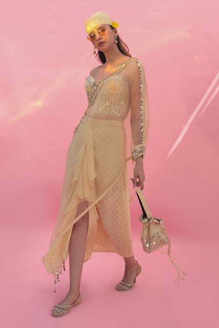 Buy Prahnaaya Yellow Satin, Organza Sequins Asymmetric Yami Embroidered Skirt Set With Cape Online at Aza Fashions Buy_Prahnaaya_Yellow Satin, Organza Sequins Asymmetric Yami Embroidered Skirt Set With Cape _Online_at_Aza_Fashions