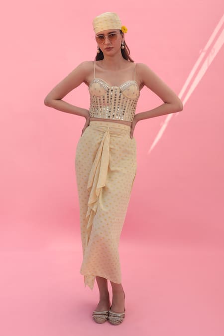 Shop Prahnaaya Yellow Satin, Organza Sequins Asymmetric Yami Embroidered Skirt Set With Cape at Aza Fashions Shop_Prahnaaya_Yellow Satin, Organza Sequins Asymmetric Yami Embroidered Skirt Set With Cape _at_Aza_Fashions