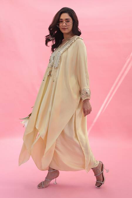 Shop Prahnaaya Yellow Satin Sequins V-neck Mish Embroidered Kaftan With Wrap Skirt Online at Aza Fashions Shop_Prahnaaya_Yellow Satin Sequins V-neck Mish Embroidered Kaftan With Wrap Skirt _Online_at_Aza_Fashions