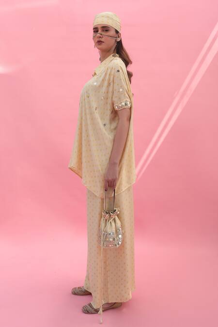 Prahnaaya Yellow Satin Sequins Collared Masbah Embroidered Co-ord Set Online at Aza Fashions Prahnaaya_Yellow Satin Sequins Collared Masbah Embroidered Co-ord Set _Online_at_Aza_Fashions