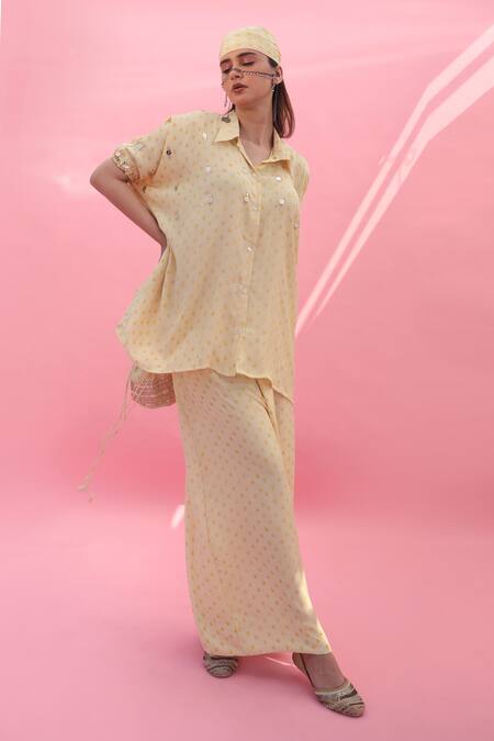 Buy Prahnaaya Yellow Satin Sequins Collared Masbah Embroidered Co-ord Set Online at Aza Fashions Buy_Prahnaaya_Yellow Satin Sequins Collared Masbah Embroidered Co-ord Set _Online_at_Aza_Fashions