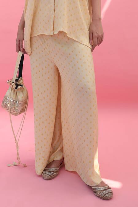 Shop Prahnaaya Yellow Satin Sequins Collared Masbah Embroidered Co-ord Set Online at Aza Fashions Shop_Prahnaaya_Yellow Satin Sequins Collared Masbah Embroidered Co-ord Set _Online_at_Aza_Fashions