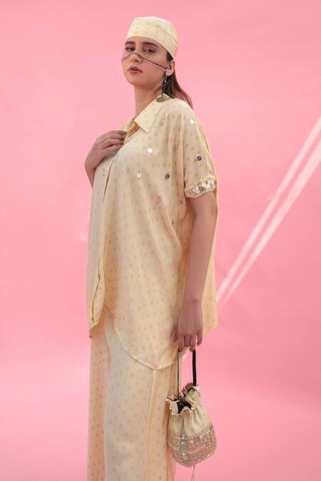 Prahnaaya Yellow Satin Sequins Collared Masbah Embroidered Co-ord Set at Aza Fashions Prahnaaya_Yellow Satin Sequins Collared Masbah Embroidered Co-ord Set _at_Aza_Fashions