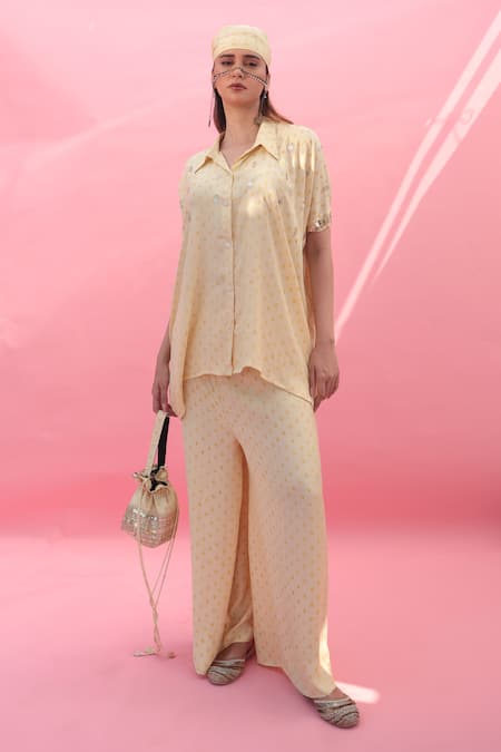 Shop Prahnaaya Yellow Satin Sequins Collared Masbah Embroidered Co-ord Set at Aza Fashions Shop_Prahnaaya_Yellow Satin Sequins Collared Masbah Embroidered Co-ord Set _at_Aza_Fashions