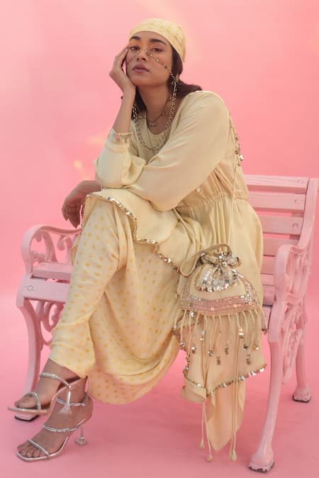 Prahnaaya Yellow Satin Sequins Round Neck Saakura Embroidered Tunic With Dhoti Skirt Online at Aza Fashions Prahnaaya_Yellow Satin Sequins Round Neck Saakura Embroidered Tunic With Dhoti Skirt _Online_at_Aza_Fashions