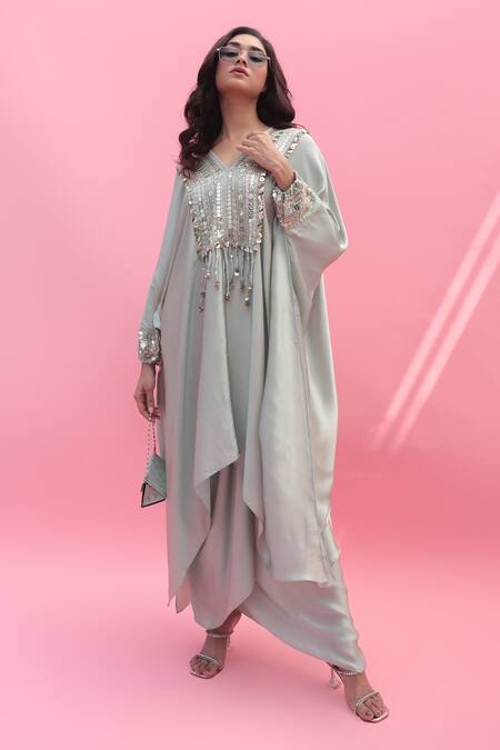 Prahnaaya Green Satin Sequins V-neck Mish Embroidered Kaftan With Dhoti Wrap Skirt Online at Aza Fashions Prahnaaya_Green Satin Sequins V-neck Mish Embroidered Kaftan With Dhoti Wrap Skirt _Online_at_Aza_Fashions