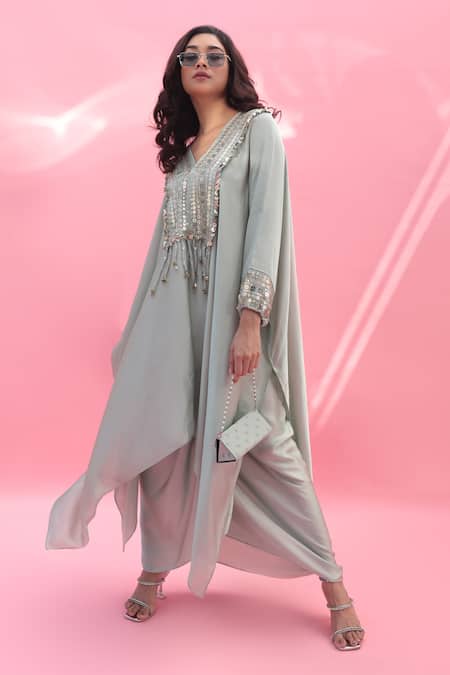 Shop Prahnaaya Green Satin Sequins V-neck Mish Embroidered Kaftan With Dhoti Wrap Skirt Online at Aza Fashions Shop_Prahnaaya_Green Satin Sequins V-neck Mish Embroidered Kaftan With Dhoti Wrap Skirt _Online_at_Aza_Fashions