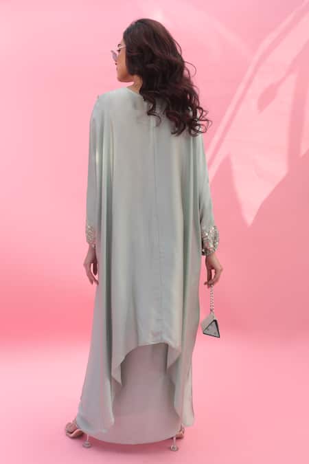 Shop Prahnaaya Green Satin Sequins V-neck Mish Embroidered Kaftan With Dhoti Wrap Skirt at Aza Fashions Shop_Prahnaaya_Green Satin Sequins V-neck Mish Embroidered Kaftan With Dhoti Wrap Skirt _at_Aza_Fashions