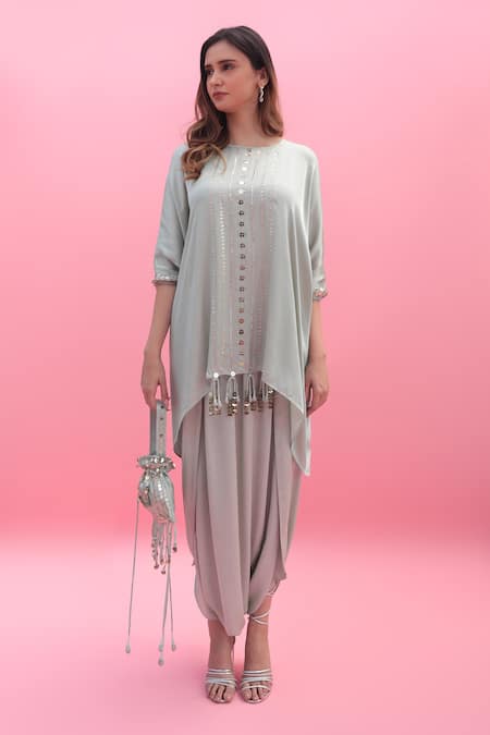 Prahnaaya Green Satin, Velvet Sequins Round Masbah Embroidered Tunic With Dhoti Skirt Online at Aza Fashions Prahnaaya_Green Satin, Velvet Sequins Round Masbah Embroidered Tunic With Dhoti Skirt _Online_at_Aza_Fashions