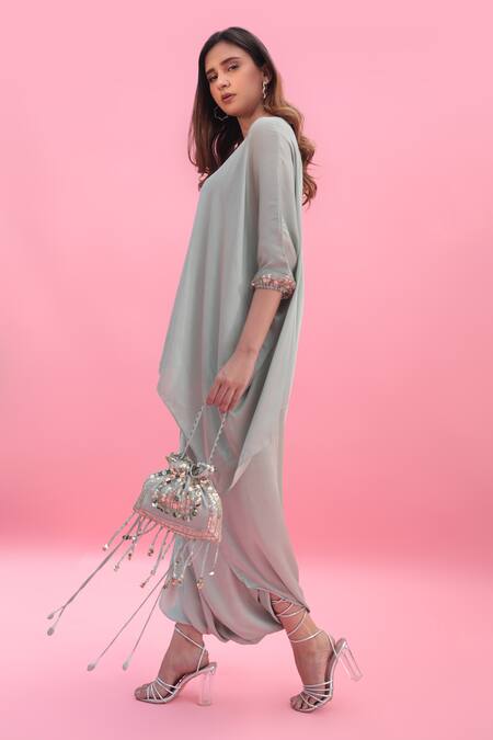 Buy Prahnaaya Green Satin, Velvet Sequins Round Masbah Embroidered Tunic With Dhoti Skirt Online at Aza Fashions Buy_Prahnaaya_Green Satin, Velvet Sequins Round Masbah Embroidered Tunic With Dhoti Skirt _Online_at_Aza_Fashions