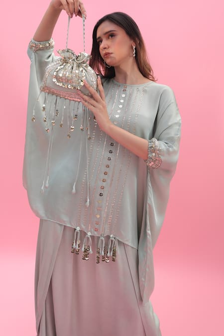 Shop Prahnaaya Green Satin, Velvet Sequins Round Masbah Embroidered Tunic With Dhoti Skirt Online at Aza Fashions Shop_Prahnaaya_Green Satin, Velvet Sequins Round Masbah Embroidered Tunic With Dhoti Skirt _Online_at_Aza_Fashions