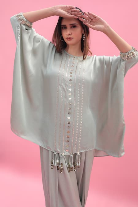 Prahnaaya Green Satin, Velvet Sequins Round Masbah Embroidered Tunic With Dhoti Skirt at Aza Fashions Prahnaaya_Green Satin, Velvet Sequins Round Masbah Embroidered Tunic With Dhoti Skirt _at_Aza_Fashions