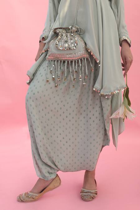 Buy Prahnaaya Green Satin Sequins, Embroidery Round Neck Saakura Tunic With Dhoti Skirt Online at Aza Fashions Buy_Prahnaaya_Green Satin Sequins, Embroidery Round Neck Saakura Tunic With Dhoti Skirt _Online_at_Aza_Fashions