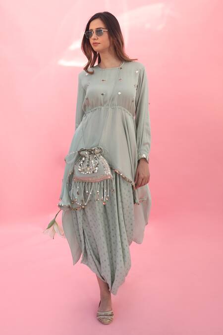 Shop Prahnaaya Green Satin Sequins, Embroidery Round Neck Saakura Tunic With Dhoti Skirt at Aza Fashions Shop_Prahnaaya_Green Satin Sequins, Embroidery Round Neck Saakura Tunic With Dhoti Skirt _at_Aza_Fashions