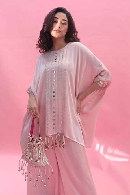 Shop Prahnaaya Pink Embroidery, Sequins Sakura Hand Potli Bag at Aza Fashions Shop_Prahnaaya_Pink Embroidery, Sequins Sakura Hand Potli Bag _at_Aza_Fashions