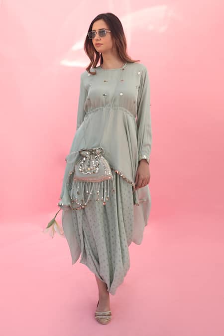 Shop Prahnaaya Green Embroidery Sakura Sequin Hand Potli Bag at Aza Fashions Shop_Prahnaaya_Green Embroidery Sakura Sequin Hand Potli Bag _at_Aza_Fashions