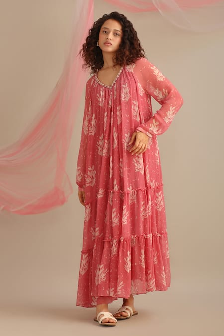 Myoho Pink Chiffon Printed Leaf V Neck Tiered Maxi Dress 