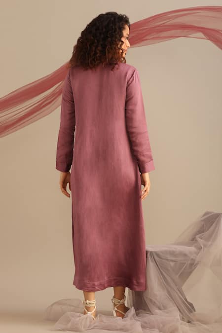 Shop Myoho Purple Linen, Satin Embroidery, Applique Bandeau Neck Floral Hand Midi Dress at Aza Fashions Shop_Myoho_Purple Linen, Satin Embroidery, Applique Bandeau Neck Floral Hand Midi Dress _at_Aza_Fashions