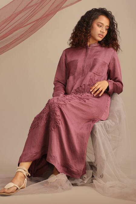 Shop Myoho Purple Linen, Satin Embroidery, Applique Bandeau Neck Floral Hand Midi Dress Online at Aza Fashions Shop_Myoho_Purple Linen, Satin Embroidery, Applique Bandeau Neck Floral Hand Midi Dress _Online_at_Aza_Fashions
