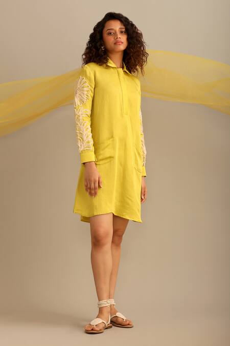 Shop_Myoho_Green Linen, Satin Embroidery Collared Sleeve Hand Short Dress _at_Aza_Fashions