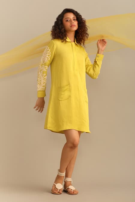 Myoho_Green Linen, Satin Embroidery Collared Sleeve Hand Short Dress _Online_at_Aza_Fashions