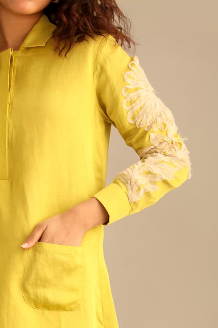 Buy_Myoho_Green Linen, Satin Embroidery Collared Sleeve Hand Short Dress _Online_at_Aza_Fashions