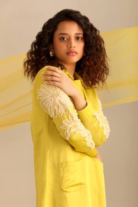 Shop_Myoho_Green Linen, Satin Embroidery Collared Sleeve Hand Short Dress _Online_at_Aza_Fashions