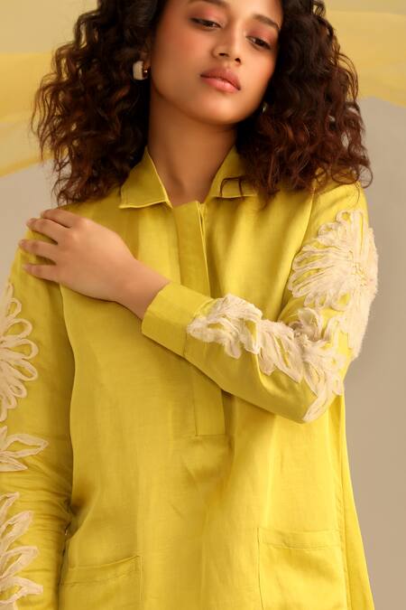 Myoho_Green Linen, Satin Embroidery Collared Sleeve Hand Short Dress _at_Aza_Fashions