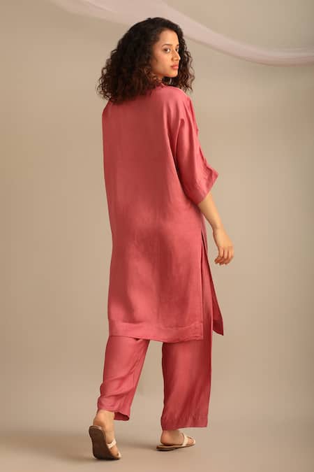 Shop_Myoho_Pink Linen, Satin Embroidery V-neck Yoke Hand Kurta And Pant Set _at_Aza_Fashions