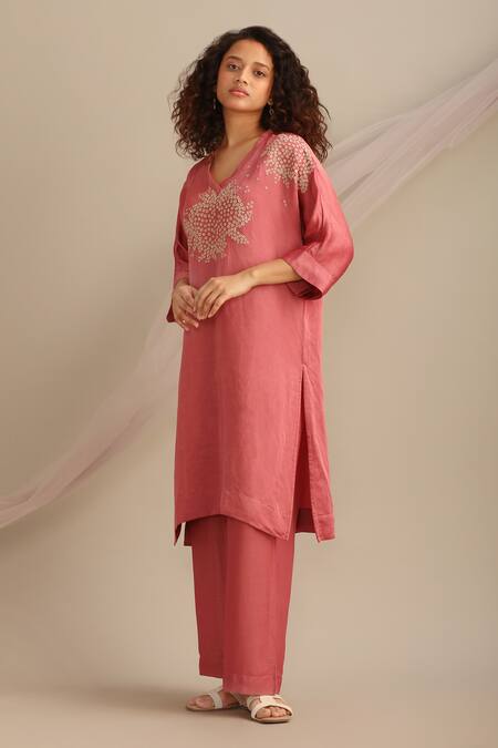 Myoho_Pink Linen, Satin Embroidery V-neck Yoke Hand Kurta And Pant Set _Online_at_Aza_Fashions