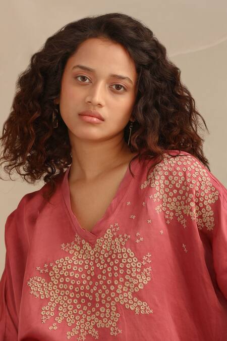 Shop_Myoho_Pink Linen, Satin Embroidery V-neck Yoke Hand Kurta And Pant Set _Online_at_Aza_Fashions