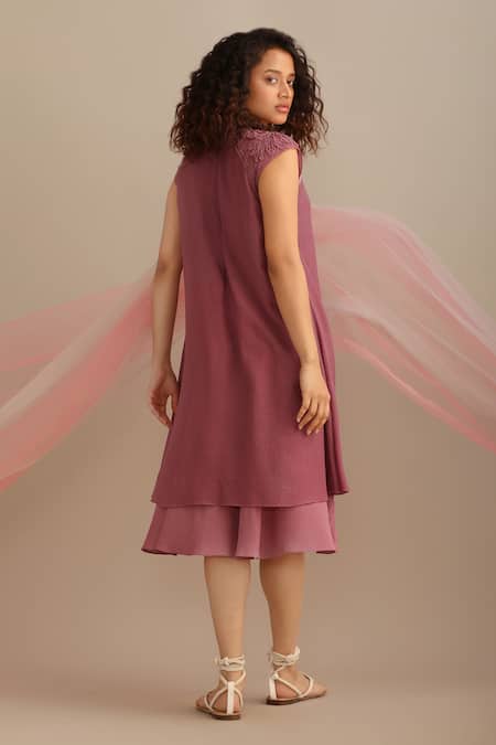 Shop Myoho Purple Cotton Embroidery Round Neck Sleeve Hand Double-layered Dress at Aza Fashions Shop_Myoho_Purple Cotton Embroidery Round Neck Sleeve Hand Double-layered Dress _at_Aza_Fashions